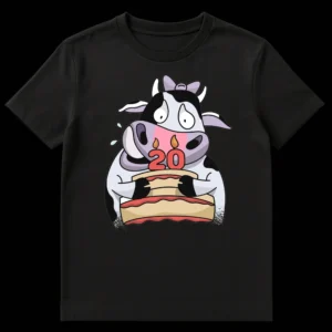 Cartoon cow t-shirt with a cow holding a birthday cake with '20' candles, looking anxious and sweating, representing ironic 20th birthday humor. on Black t-shirt