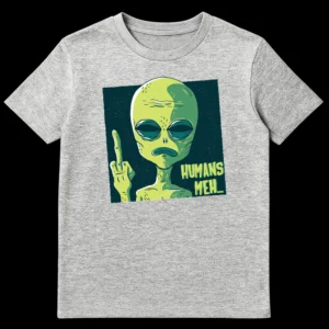 Retro-cartoon alien flipping off with 'HUMANS MEH...' text on Sports Grey t-shirt