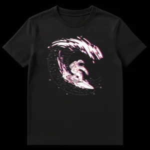Astronaut surfing cosmic wave t-shirt design with red and blue glitch effect in space on Black t-shirt