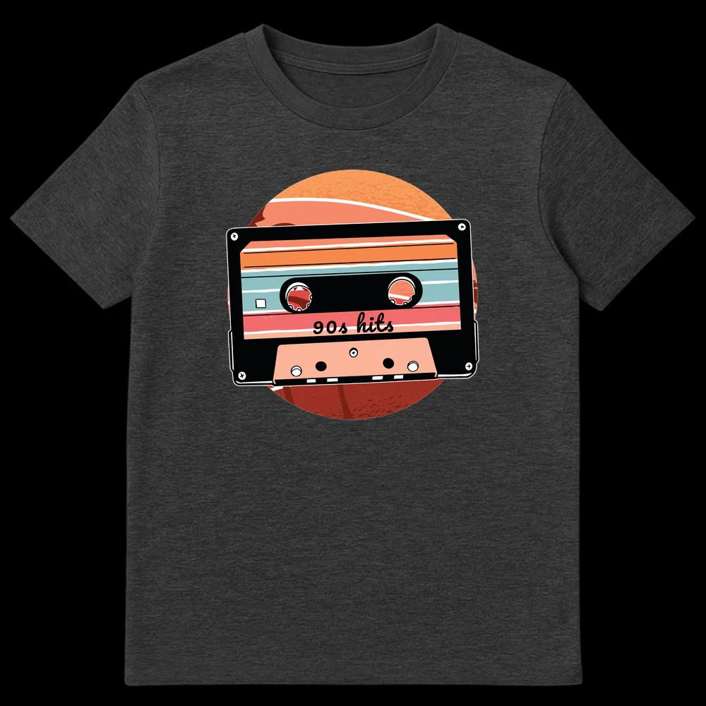 90s Hits Cassette Tape Retro Graphic T-Shirt on Dark Heather t-shirt