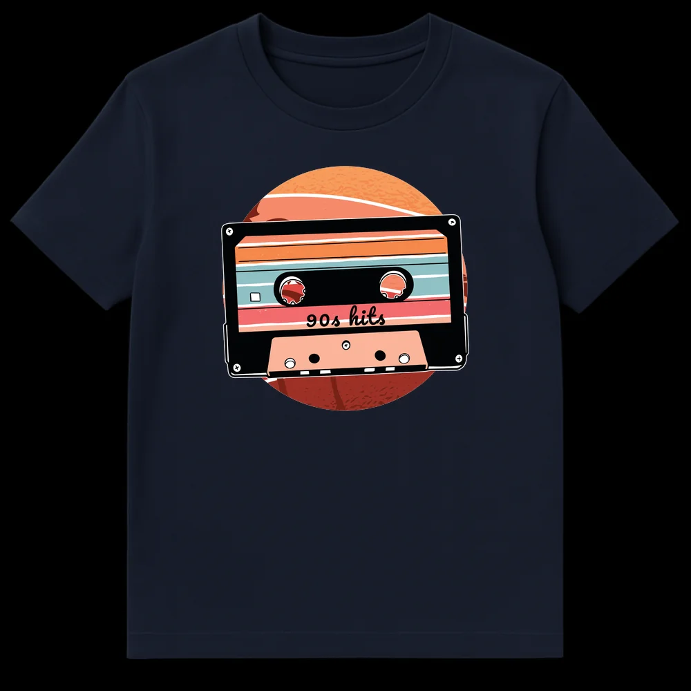 90s Hits Cassette Tape Retro Graphic T-Shirt on Navy Blue t-shirt