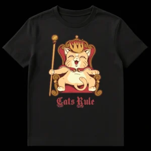 Humorous 'Cats Rule' t-shirt design featuring a cartoon cat wearing a crown and cape, happily seated on a regal red and gold throne, holding a fish scepter. Black background. on Black t-shirt