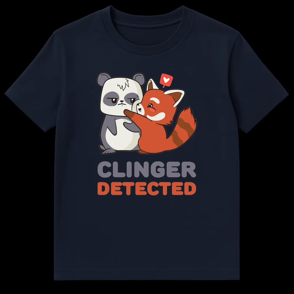 Cartoon t-shirt design with a happy red panda clinging to an unimpressed giant panda. Text above reads 'CLINGER DETECTED'. on Navy Blue t-shirt