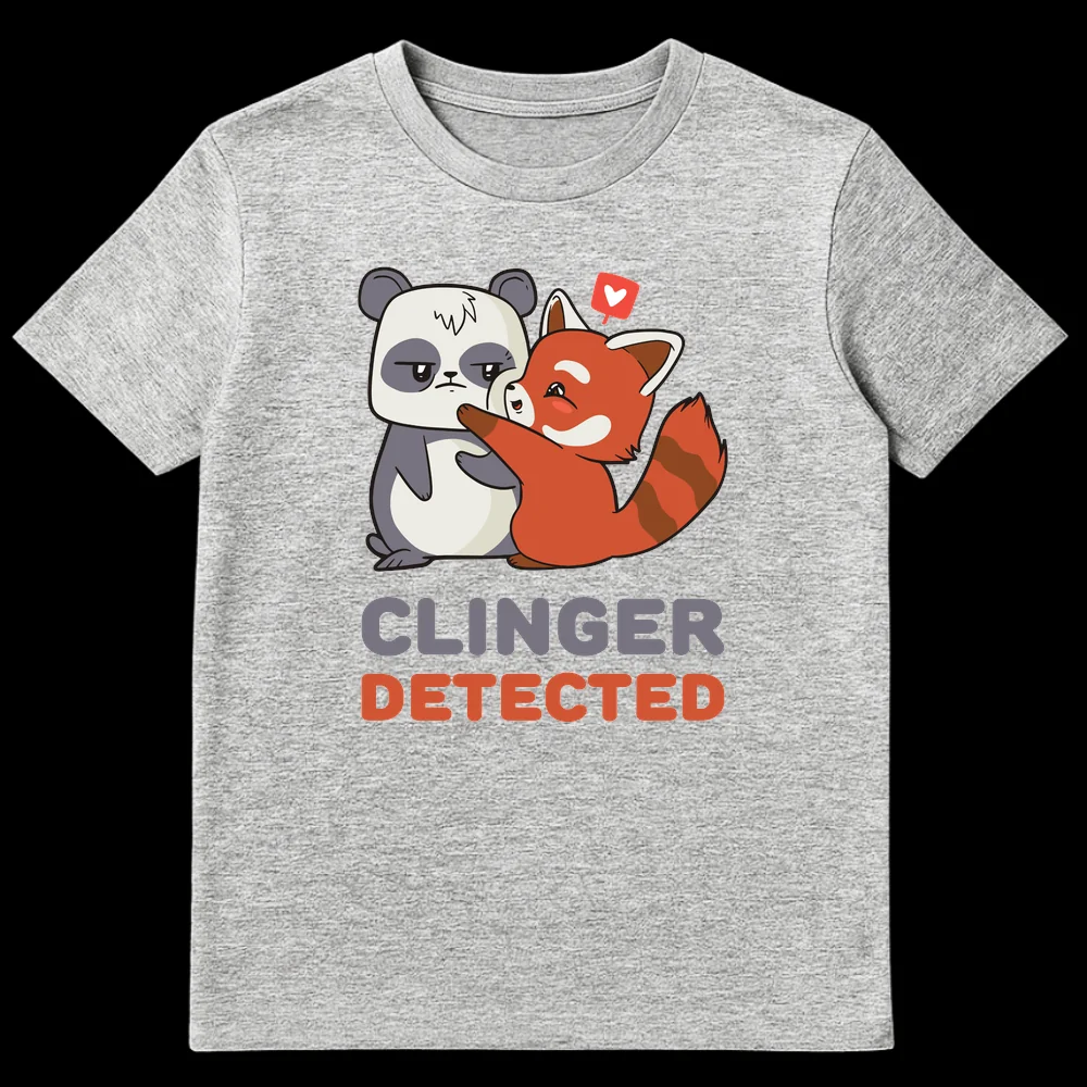 Cartoon t-shirt design with a happy red panda clinging to an unimpressed giant panda. Text above reads 'CLINGER DETECTED'. on Sports Grey t-shirt