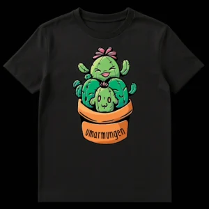 Kawaii style t-shirt design featuring cute, smiling cacti in a pot with the German word 'umarmungen' (hugs) below them. on Black t-shirt