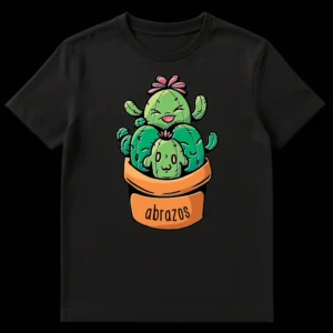 Cute cartoon cacti in a pot with 'Abrazos' (hugs in Spanish) text, a wholesome plant humor t-shirt design on Black t-shirt