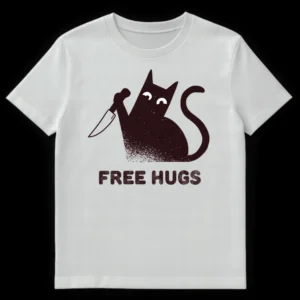 Dark humor t-shirt with a stylized black cat holding a knife and the text 'FREE HUGS' below it. on White t-shirt