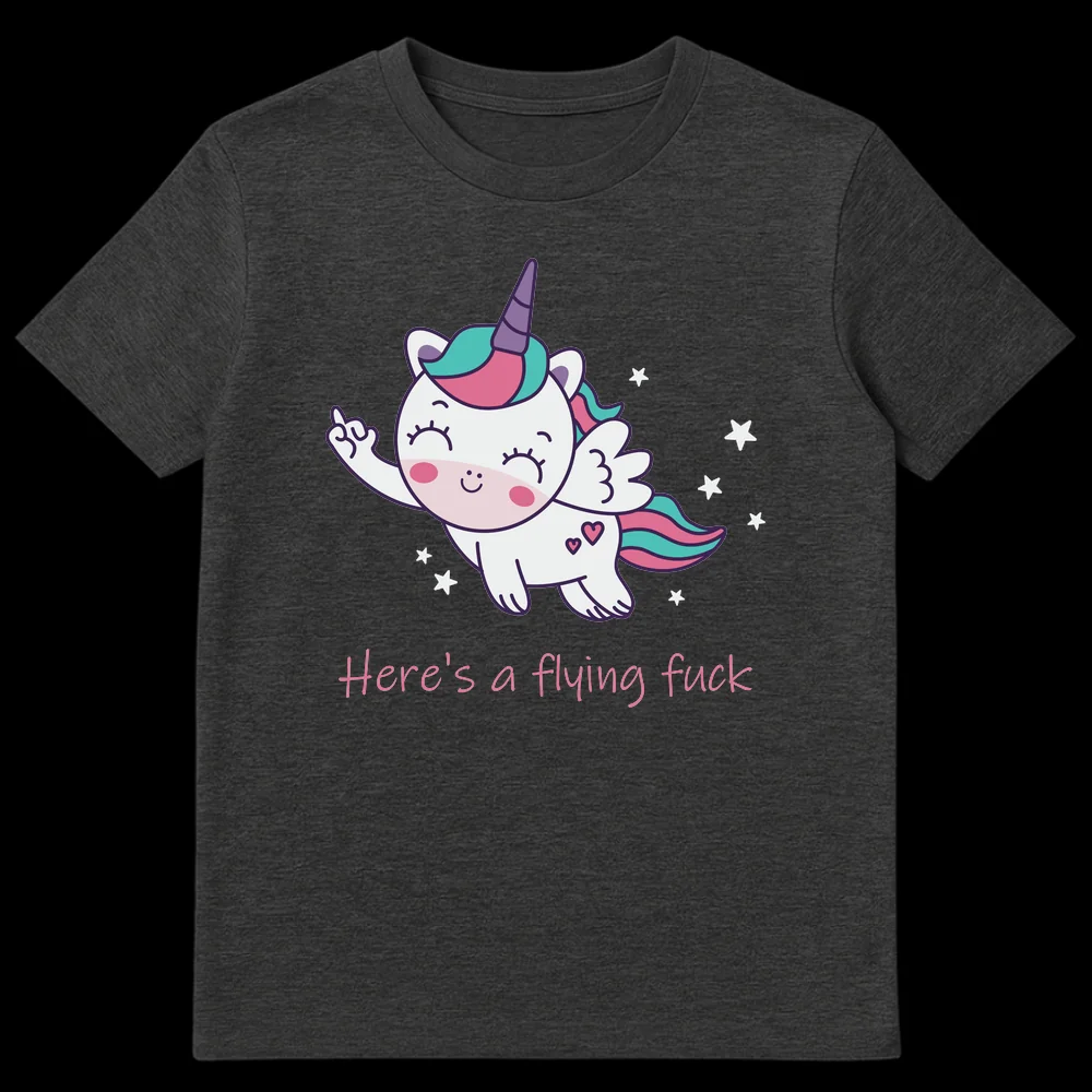 Sarcastic Unicorn T-Shirt with 'Here's a flying fuck' text, featuring a cute winged unicorn giving the middle finger on a black background. on Dark Heather t-shirt
