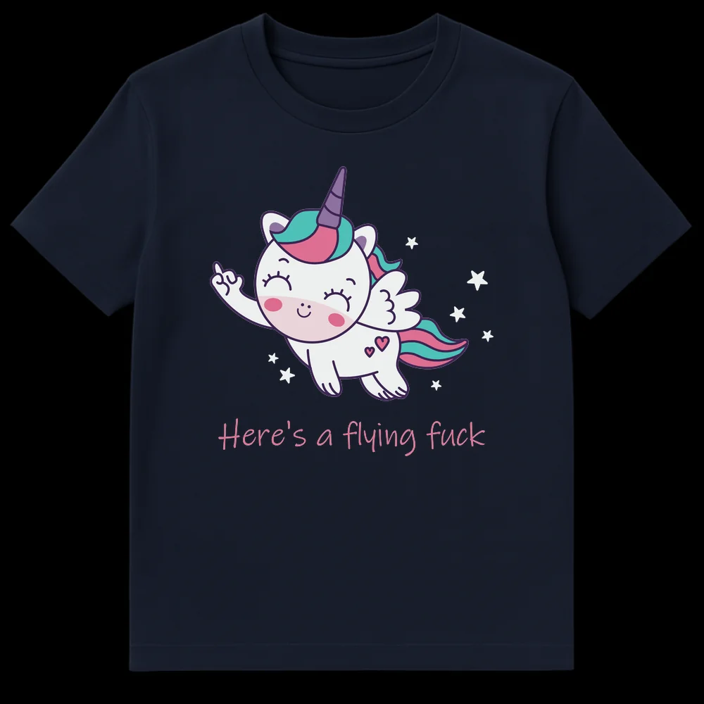 Sarcastic Unicorn T-Shirt with 'Here's a flying fuck' text, featuring a cute winged unicorn giving the middle finger on a black background. on Navy Blue t-shirt