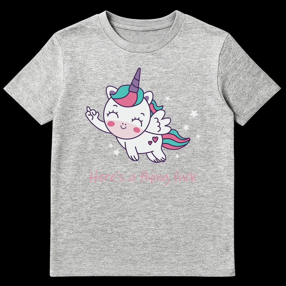 Sarcastic Unicorn T-Shirt with 'Here's a flying fuck' text, featuring a cute winged unicorn giving the middle finger on a black background. on Sports Grey t-shirt