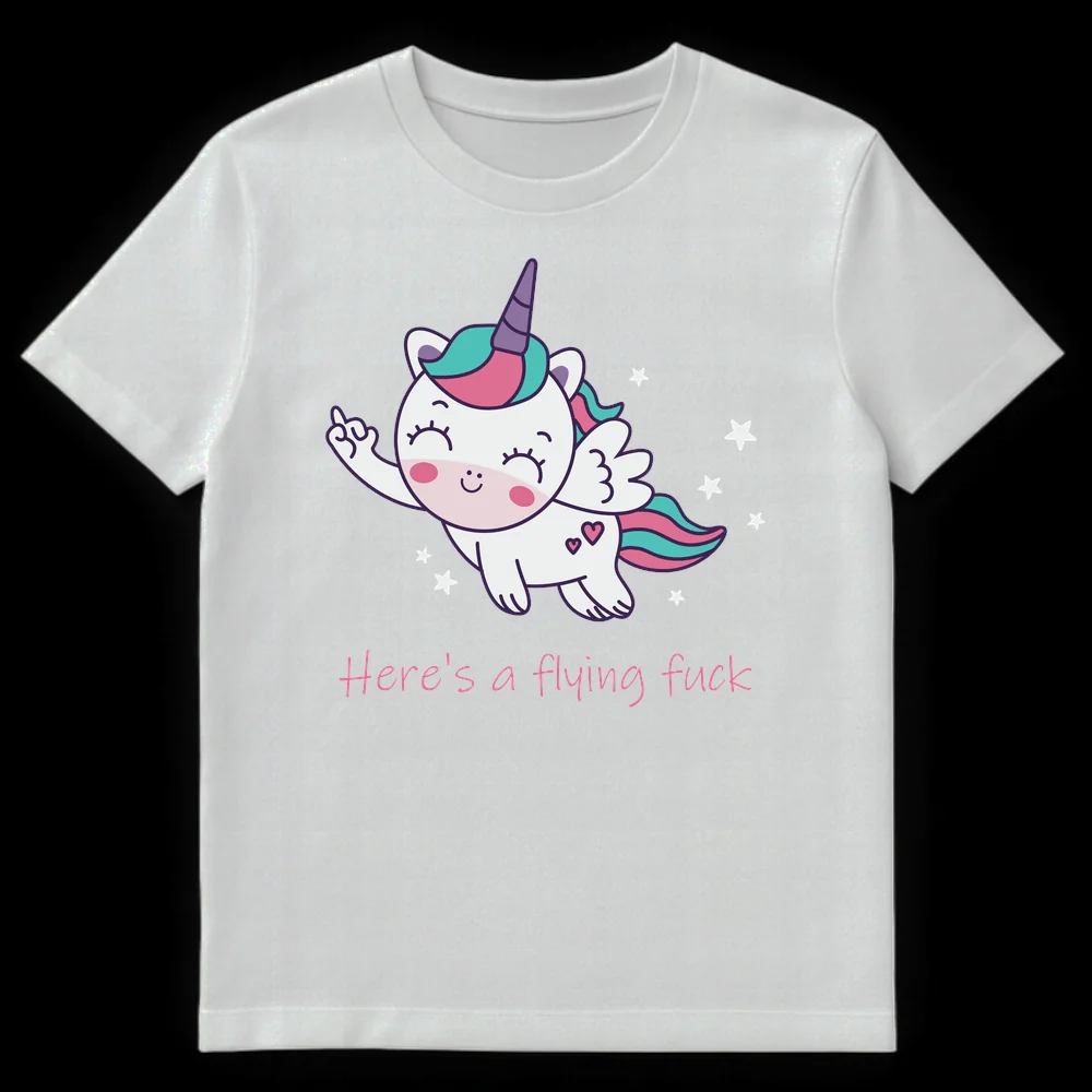 Sarcastic Unicorn T-Shirt with 'Here's a flying fuck' text, featuring a cute winged unicorn giving the middle finger on a black background. on White t-shirt