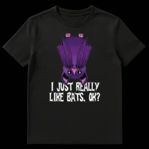 Cute purple chibi bat hanging upside down with 'I JUST REALLY LIKE BATS. OK?' text on a black t-shirt on Black t-shirt