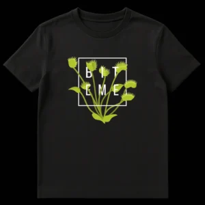 Black t-shirt with a green Venus flytrap graphic overlapping white 'BIT ME' text, representing sarcastic plant humor. on Black t-shirt