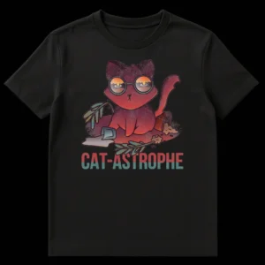 Vintage distressed t-shirt with a cartoon cat wearing glasses, sitting in a mess of spilled plant and water, with "CAT-ASTROPHE" text above on Black t-shirt