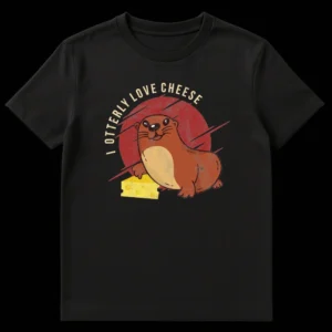 I OTTERLY LOVE CHEESE t-shirt with a cartoon otter holding a cheese wedge on a distressed background on Black t-shirt
