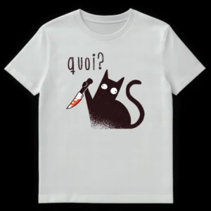 Black cat holding bloodied knife with 'quoi?' text on a white t-shirt, dark humor design. on White t-shirt