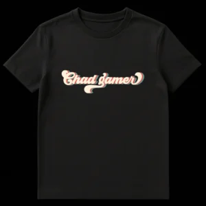 Chad gamer retro 70s 80s script typography t-shirt with offset shadows in off-white, coral, and teal on black background on Black t-shirt