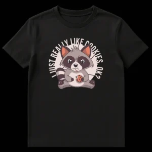 Cute cartoon raccoon holding a chocolate chip cookie with text 'I JUST REALLY LIKE COOKIES, OK?' on Black t-shirt