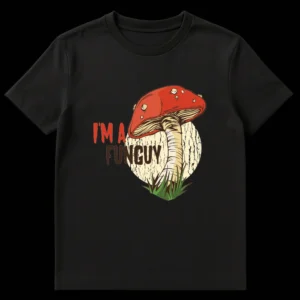 I'M A FUNGUY t-shirt with a vintage illustration of a red-capped mushroom with white spots, growing in grass against a wood grain circle background. on Black t-shirt