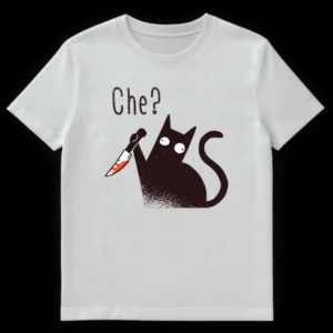 Dark humor t-shirt design with a wide-eyed black cat holding a bloody knife and the text 'Che?' above it. on White t-shirt