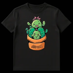 Cute cartoon cactus t-shirt with 'abbracci' text, featuring smiling anthropomorphic cacti offering hugs in a pot, ideal for plant lovers. on Black t-shirt