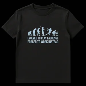 Lacrosse Evolution Work Humor T-Shirt with March of Progress showing lacrosse player then office worker with laptop on Black t-shirt