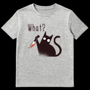 Humorous cat t-shirt design featuring a wide-eyed cartoon cat holding a bloody knife with the text 'What?' on Sports Grey t-shirt