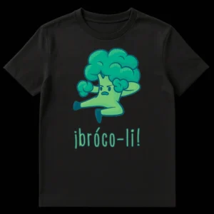 Cartoon broccoli character in martial arts pose with text '¡bróco-li!' on a black t-shirt on Black t-shirt