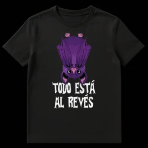 Cute purple bat hanging upside down with text 'TODO ESTÁ AL REVÉS' on a black t-shirt on Black t-shirt