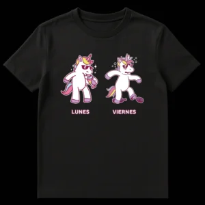 Lunes Viernes Unicorn T-Shirt with energetic Monday unicorn and exhausted Friday unicorn on Black t-shirt
