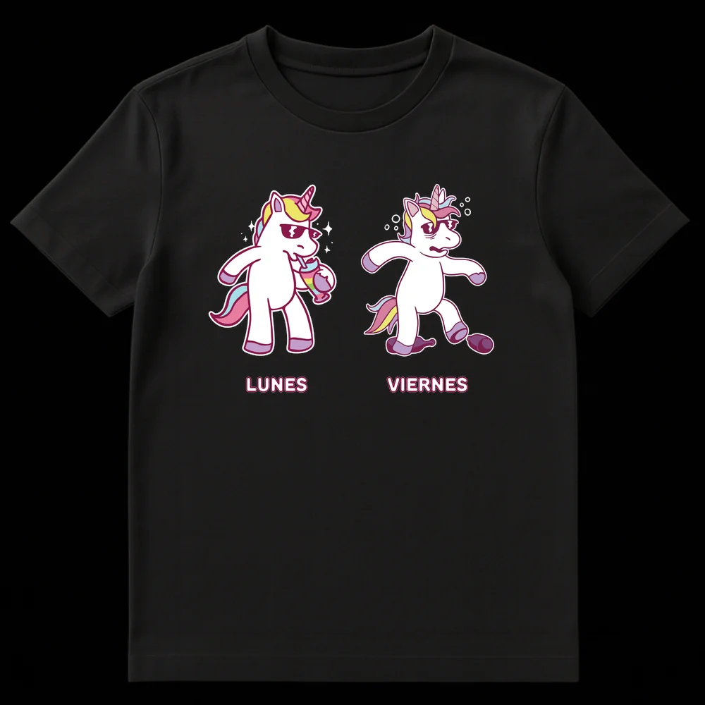 Lunes Viernes Unicorn T-Shirt with energetic Monday unicorn and exhausted Friday unicorn on Black t-shirt