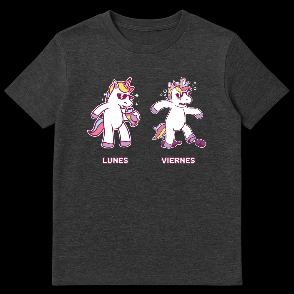 Lunes Viernes Unicorn T-Shirt with energetic Monday unicorn and exhausted Friday unicorn on Dark Heather t-shirt