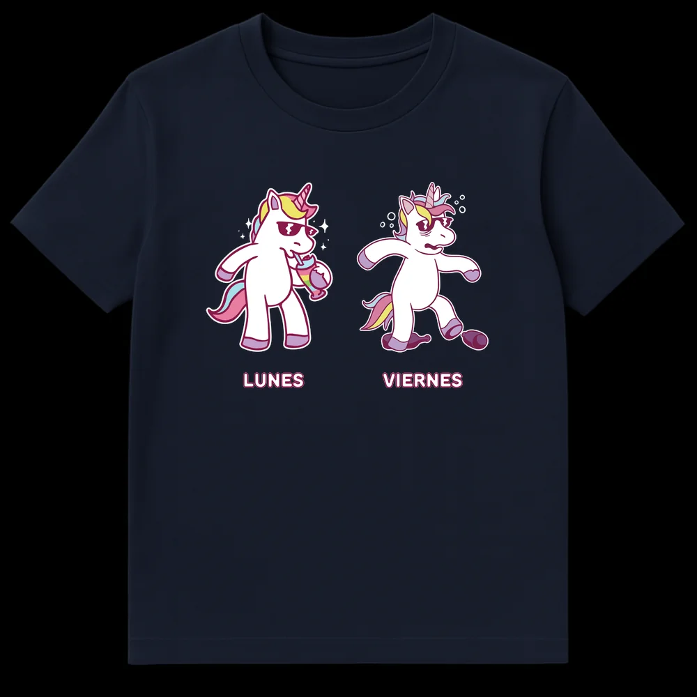 Lunes Viernes Unicorn T-Shirt with energetic Monday unicorn and exhausted Friday unicorn on Navy Blue t-shirt