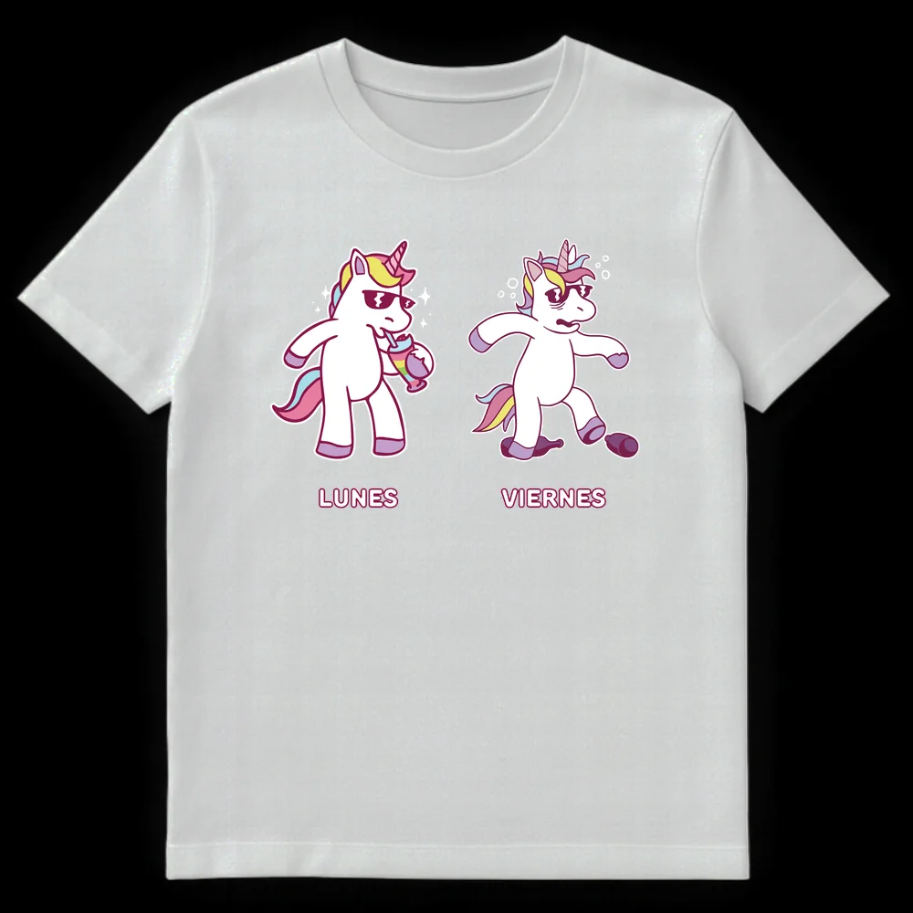 Lunes Viernes Unicorn T-Shirt with energetic Monday unicorn and exhausted Friday unicorn on White t-shirt