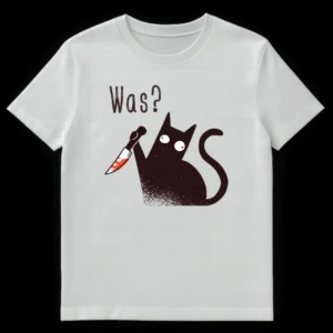Black cat with a bloody knife and 'Was?' text on a white t-shirt, featuring a textured, distressed style. on White t-shirt