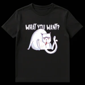 Grumpy cat t-shirt with 'WHAT YOU WANT?' text. Annoyed purple-outlined cat on black background. on Black t-shirt