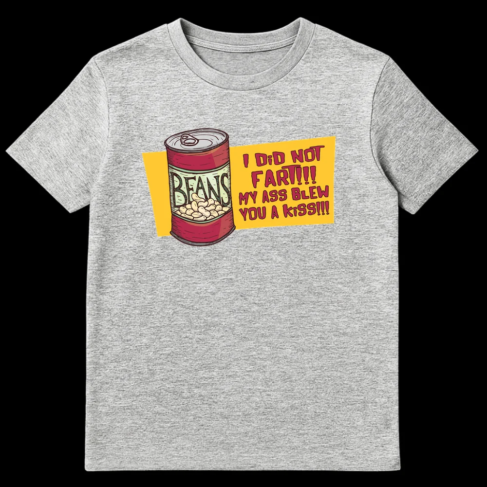 Funny t-shirt with a red can of beans and text 'I DID NOT FART!!! MY ASS BLEW YOU A KISS!!!' in a cartoon style on Sports Grey t-shirt
