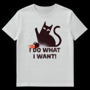 Funny black cat t-shirt with text 'I DO WHAT I WANT!' showing a cat knocking over a mug spilling orange liquid. on White t-shirt
