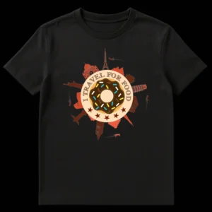I TRAVEL FOR FOOD t-shirt featuring a donut, Eiffel Tower, Taj Mahal, Statue of Liberty, Leaning Tower of Pisa, Christ the Redeemer, Big Ben, and airplanes on a black background on Black t-shirt