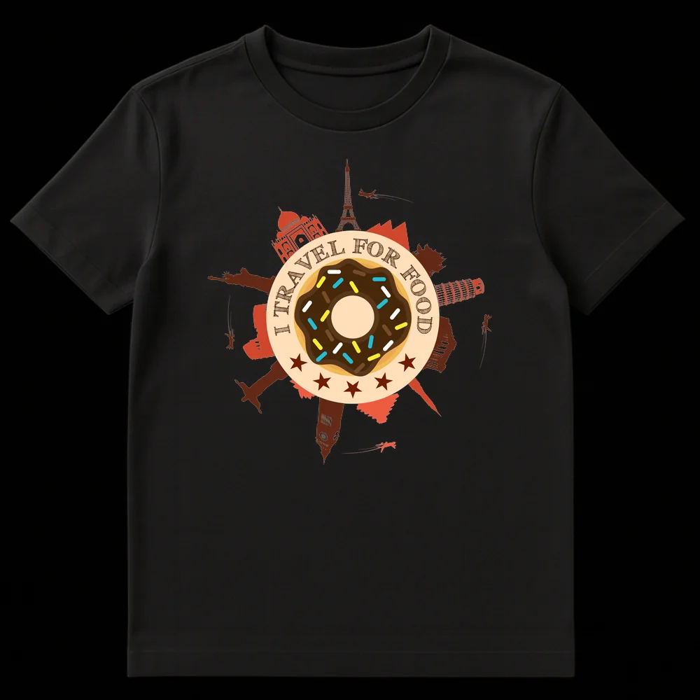 I TRAVEL FOR FOOD t-shirt featuring a donut, Eiffel Tower, Taj Mahal, Statue of Liberty, Leaning Tower of Pisa, Christ the Redeemer, Big Ben, and airplanes on a black background on Black t-shirt