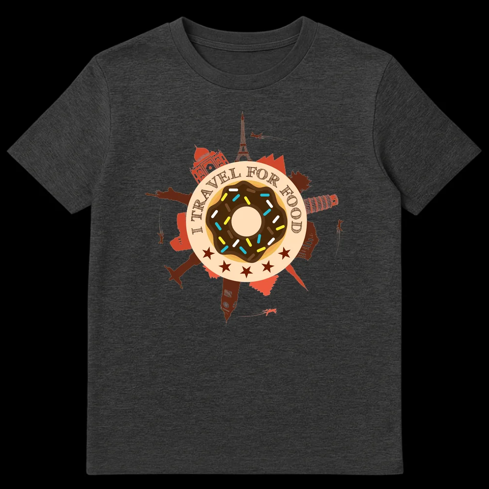 I TRAVEL FOR FOOD t-shirt featuring a donut, Eiffel Tower, Taj Mahal, Statue of Liberty, Leaning Tower of Pisa, Christ the Redeemer, Big Ben, and airplanes on a black background on Dark Heather t-shirt