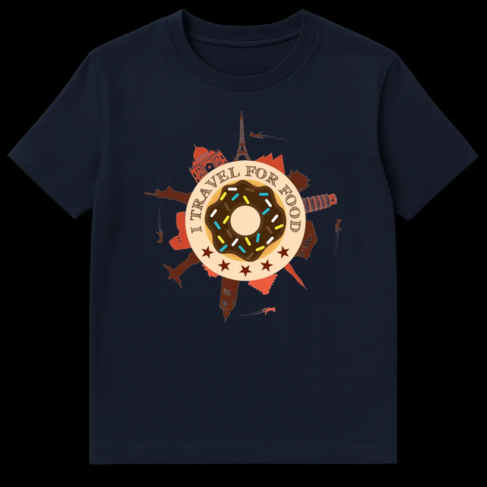 I TRAVEL FOR FOOD t-shirt featuring a donut, Eiffel Tower, Taj Mahal, Statue of Liberty, Leaning Tower of Pisa, Christ the Redeemer, Big Ben, and airplanes on a black background on Navy Blue t-shirt