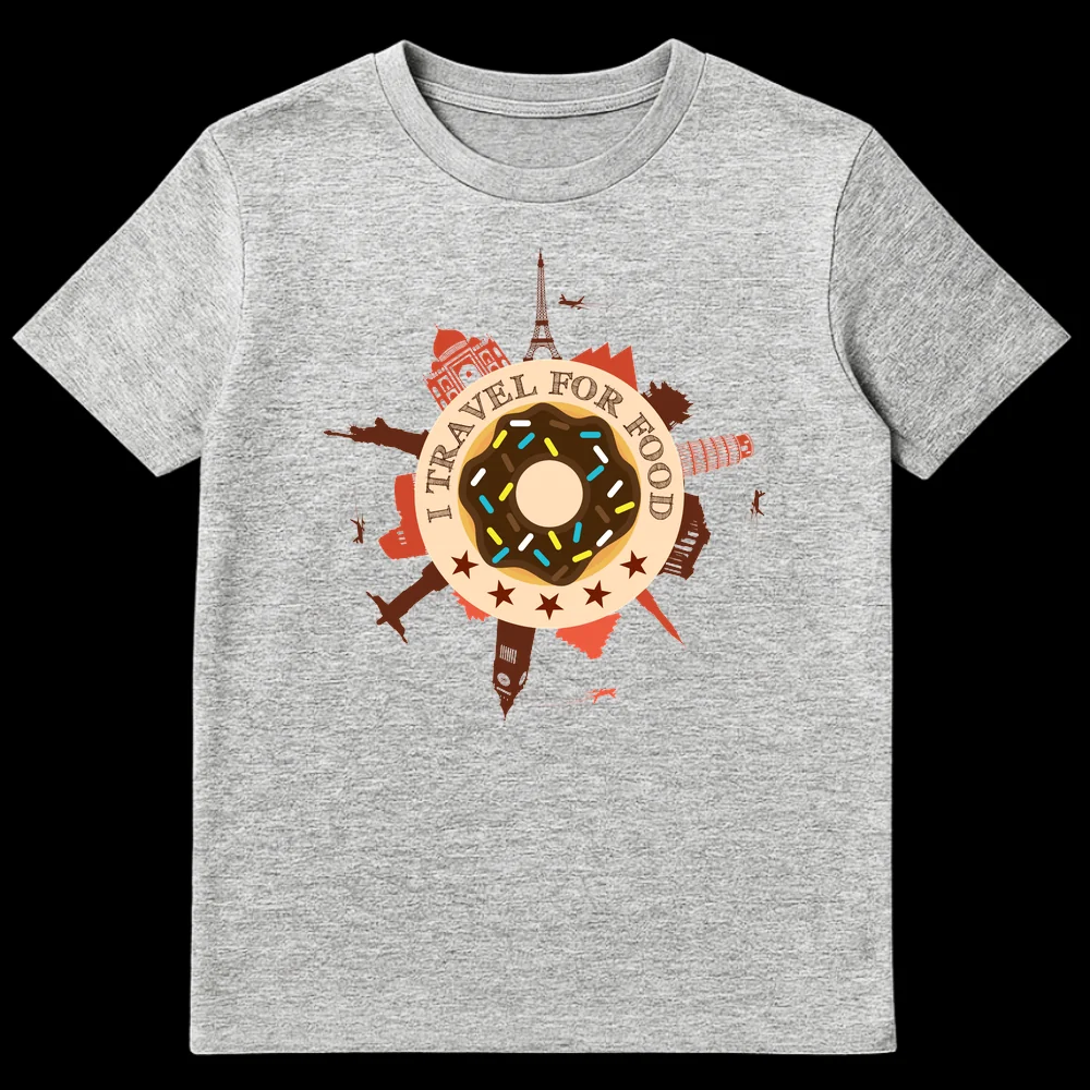 I TRAVEL FOR FOOD t-shirt featuring a donut, Eiffel Tower, Taj Mahal, Statue of Liberty, Leaning Tower of Pisa, Christ the Redeemer, Big Ben, and airplanes on a black background on Sports Grey t-shirt