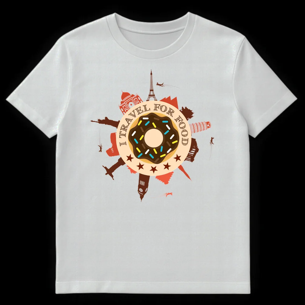 I TRAVEL FOR FOOD t-shirt featuring a donut, Eiffel Tower, Taj Mahal, Statue of Liberty, Leaning Tower of Pisa, Christ the Redeemer, Big Ben, and airplanes on a black background on White t-shirt