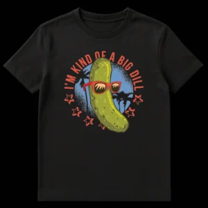 Funny black t-shirt with a cartoon pickle wearing red sunglasses, palm trees, stars, and the text "I'M KIND OF A BIG DILL" in orange-red. on Black t-shirt