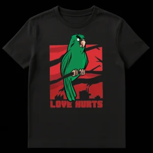 Grumpy green parrot t-shirt with 'LOVE HURTS' text, red background and industrial silhouette on Black t-shirt