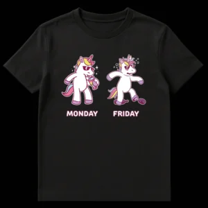 Humorous 'Monday vs. Friday' unicorn t-shirt showing a cool, energized unicorn for Monday and an exhausted, stumbling unicorn for Friday against a black background. on Black t-shirt