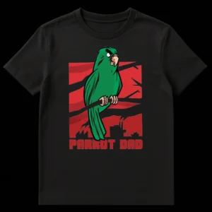 Grumpy green parrot with 'Parrot Dad' text on a red distressed background t-shirt. on Black t-shirt