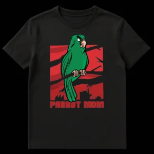 Grumpy green parrot t-shirt with 'PARROT MOM' text and a distressed graphic art style, perfect for avian pet owners. on Black t-shirt