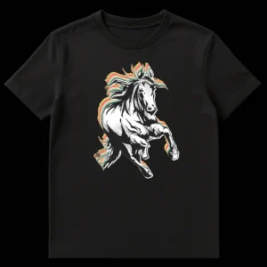 Majestic horse t-shirt with vibrant streaked mane and tail on black background on Black t-shirt